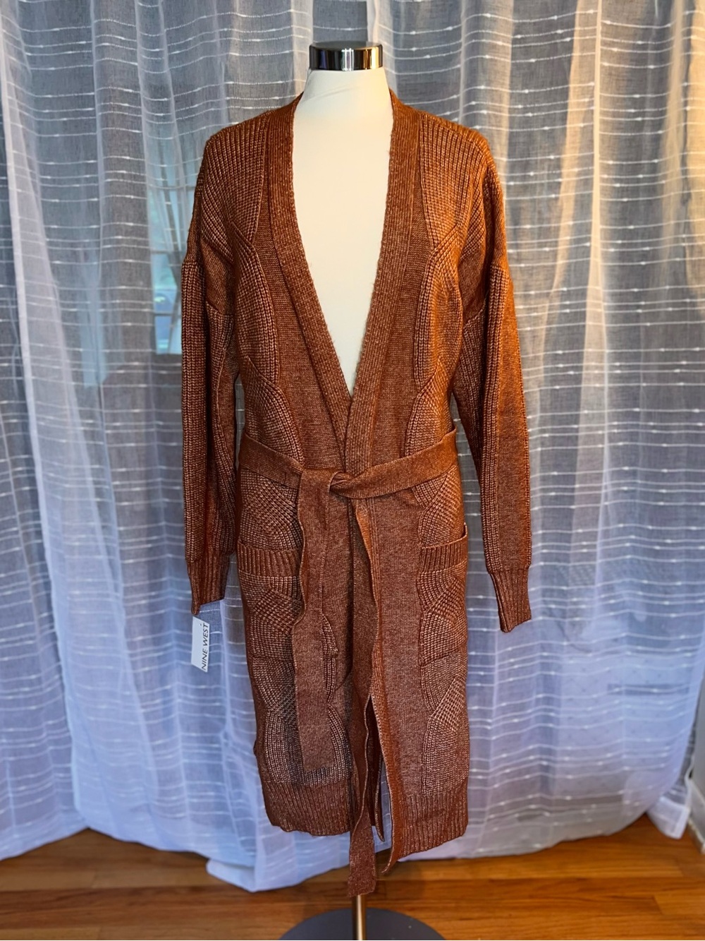 Nine West Sz L Long Belted Wrap Cardigan in Caramel